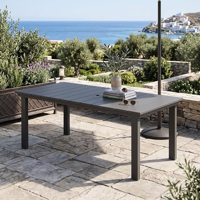 ROCSUMOO Outdoor Dining Table, 70" HDPE Dining Table with Umbrella Hole for 6-8 (Grey)