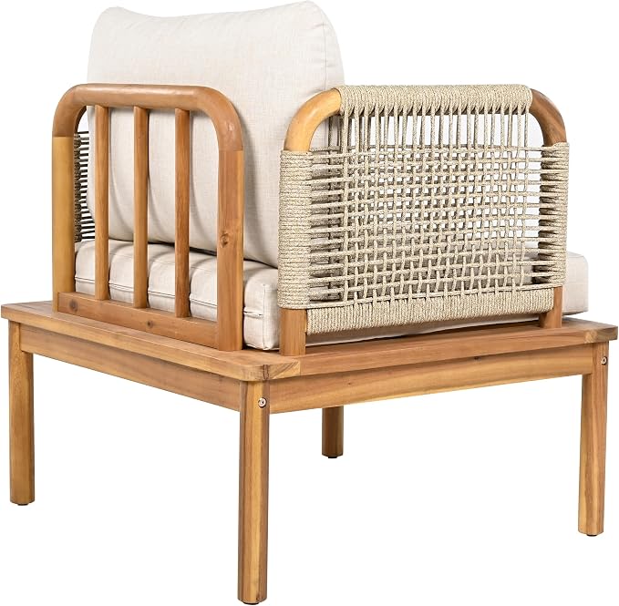 JIVOIT 5-Piece Acacia Wood and Rope Patio Sofa Set, Outdoor Conversation Set with Acacia Wood Coffee Table and Ottoman, 2 Club Chair for Backyard Porch Garden Balcony