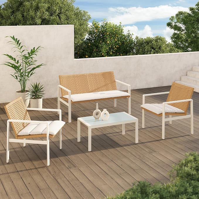 Grand patio 4-Piece Outdoor Furniture Set, Wicker Small Patio Set with Beige Seat Cushions, Outdoor Conversation Furniture with Coffee Table for Poolside, Backyard, Balcony, Porch