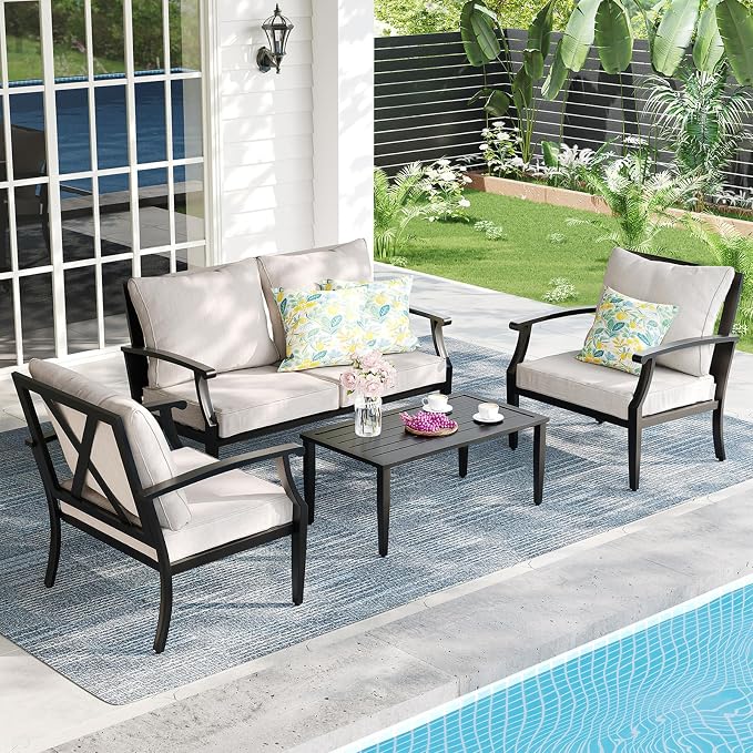 4 Piece Outdoor Patio Furniture Set, Oversized Metal Conversation Set with High Back & Deep Seating, Water-Repellent Cushions, Coffee Table for Porch, Deck, Backyard, Beige