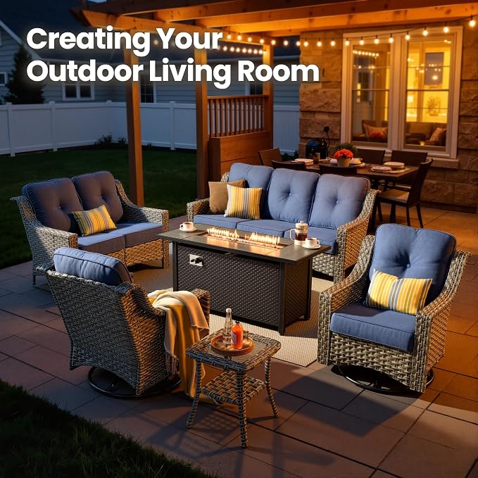 6 Piece Patio Furniture Set with Fire Pit Table, Conversation Sets with High Back Swivel Rocker Chairs, Outdoor Wicker Sofa Loveseat with Comfy Cushion for Backyard Deck Garden, Sapphire Blue