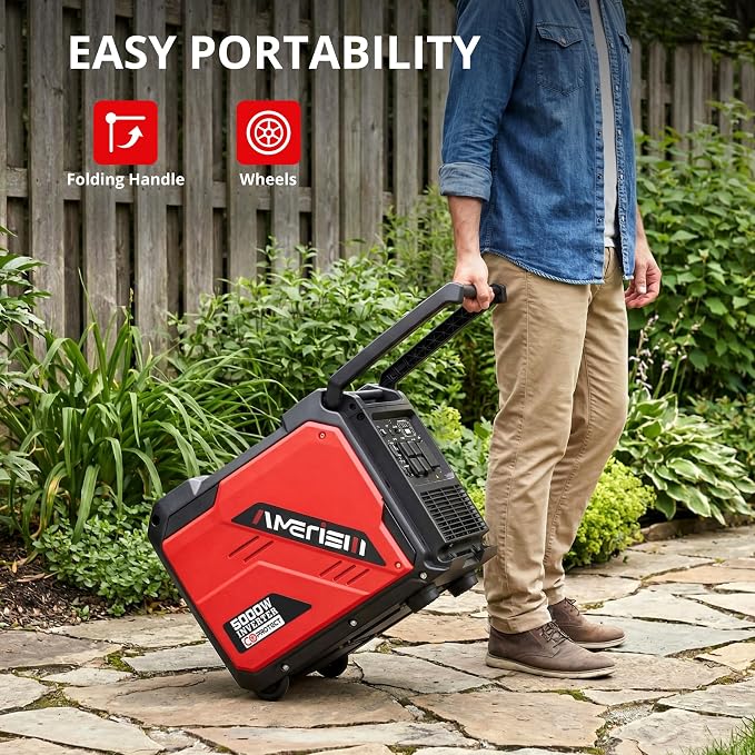 AMERISUN 5000W Portable Inverter Generator, 223cc 4-Stroke Engine, 10H Runtime, CO Sensor, Parallel Ready, 120V/12V/USB Outlets, EPA Compliant, Super Quiet, For RV, Camping & Home Backup