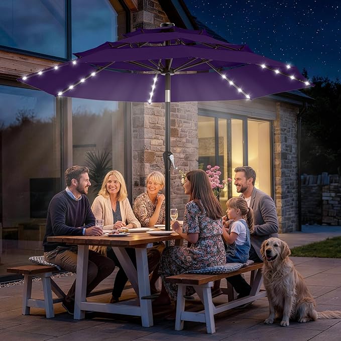 AreShark 9ft 3 Tiers Patio Umbrella with Solar Lights, Outdoor Umbrella w/ 32 LED Lights&8 Sturdy Ribs, Table Umbrella for Deck, Backyard, Pool (Dark Purple)
