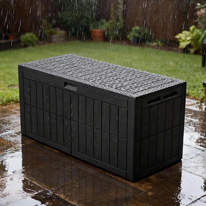 100 Gallon Outdoor Storage Box, Water Proof Resin Deck Box, Lockable Patio Outdoor Storage Box for Cushion Patio Furniture Pool Accessories Garden Tools Black