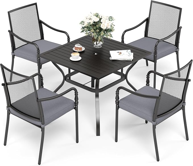 SUNSHINE VALLEY Patio Table and Chairs Set of 4, All-Weather Breathable Metal Mesh Patio Chair with Gourd-Shaped Armrests, 37x37 Square Table with Umbrella Hole, 5 Pcs Metal Frame Patio Dining Set