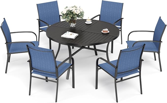 SUNSHINE VALLEY 7 Piece Outdoor Dining Set for 6, 54" Round Metal Table with Umbrella Hole, 6 Blue Dining Chairs, Patio Table and Chairs Set for Backyard Lawn