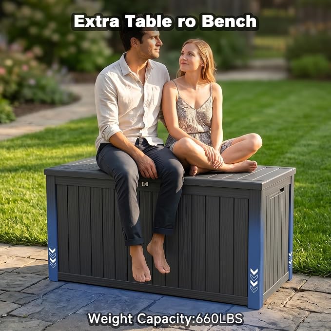 XXL Large Gallon Resin Deck Box, Waterproof Lockable Outdoor Storage Box, Black Organizer for Patio Furniture, Cushions, Garden Tools, Pool & Sports Equipment (180, Gallons)