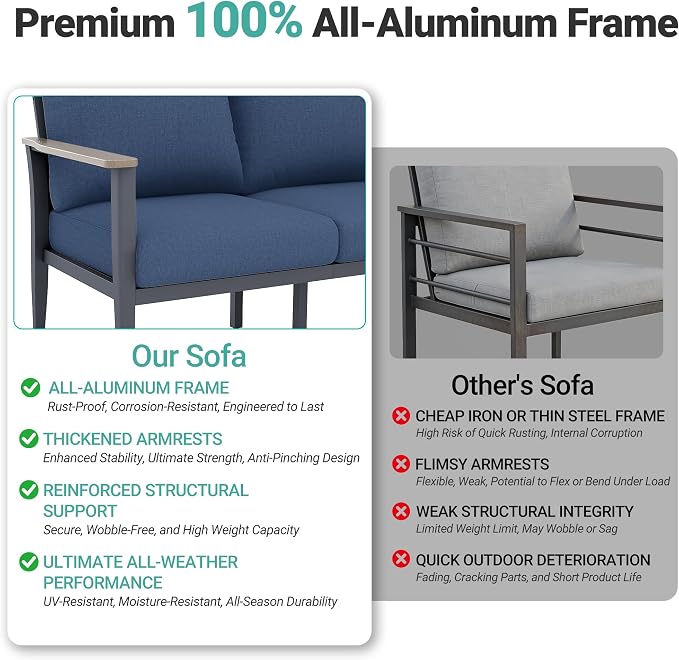Aluminum Outdoor Patio Furniture Set 7-Seat, Patio Conversation Set Sectional Furniture Set with High Backrest & Thickened Cushions for Garden, Backyard, Poolside, Navy Blue