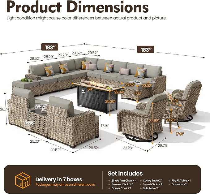 HOOOWOOO Sectional Patio Furniture Set with Fire Pit Table,17 Pieces Wicker Outdoor Furniture L Shaped Couch,Outside Conversation Set Extra Deep Sofa Wide Arm Swivel Chairs Ottoman Light,Dark Gray