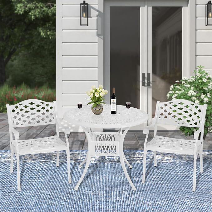MEETWARM 3 Piece Patio Bistro Set, Outdoor All-Weather Cast Aluminum Dining Furniture Set Includes 2 Chairs and a 35.4” Round Table with Umbrella Hole for Garden Deck, White