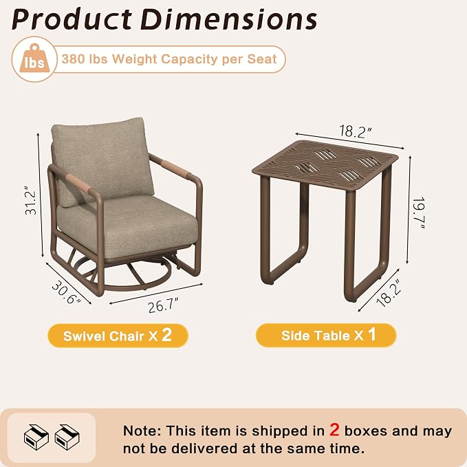 3-Piece Aluminum Outdoor Swivel Rocker Chair Set, 360° Swivel Rocking Seats with 6.5" Thick Cushions, 24" Wide Seat 380LBS Capacity & Side Table for Porch, Deck