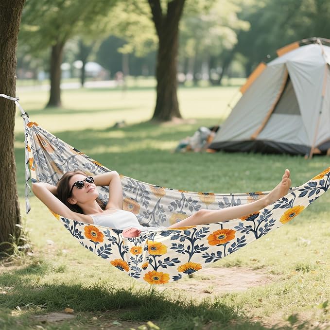 Camping Hammock Outdoor Hammocks for Outside Marigold Flowers Beach Trees Portable Lightweight with Pockets Tree Straps Indoor