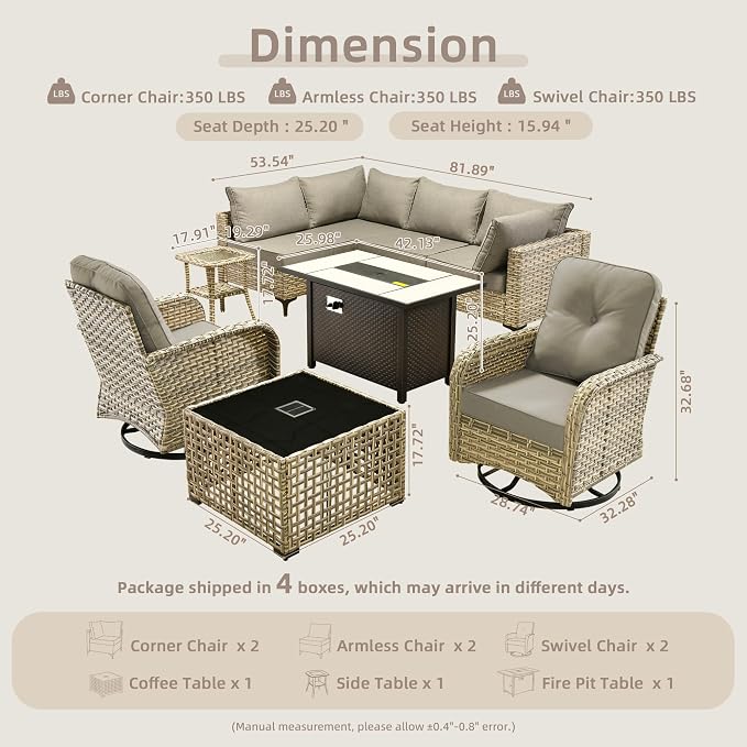 CAODOC 9-Piece Outdoor Sectional Sofa Set w/ 42" Fire Pit – L-Shaped Wicker Patio Furniture, Deep Seating & Swivel Rockers,Dark Gray
