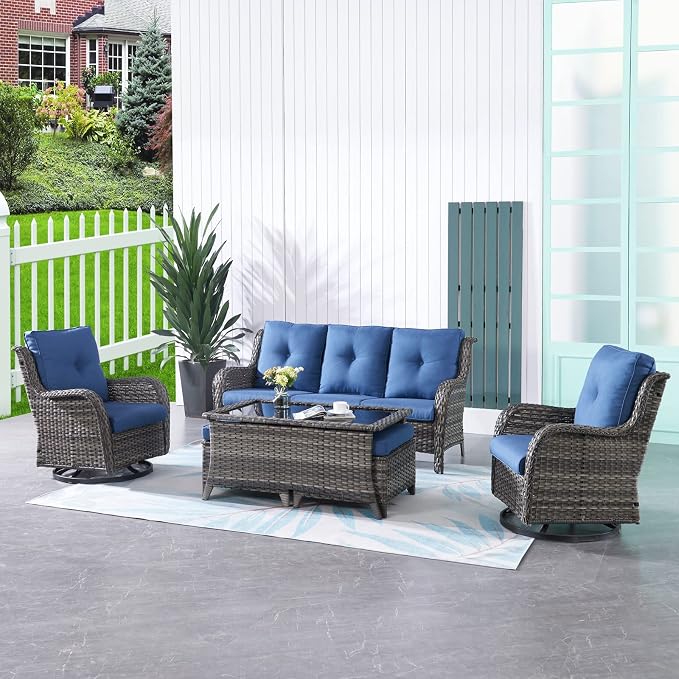 HUMMUH Patio Furniture 6 Pieces Outdoor Furniture Set Wicker Outdoor Sectional Sofa with Swivel Rocking Chairs,Patio Ottomans,Patio Coffee Table, Grey/Blue