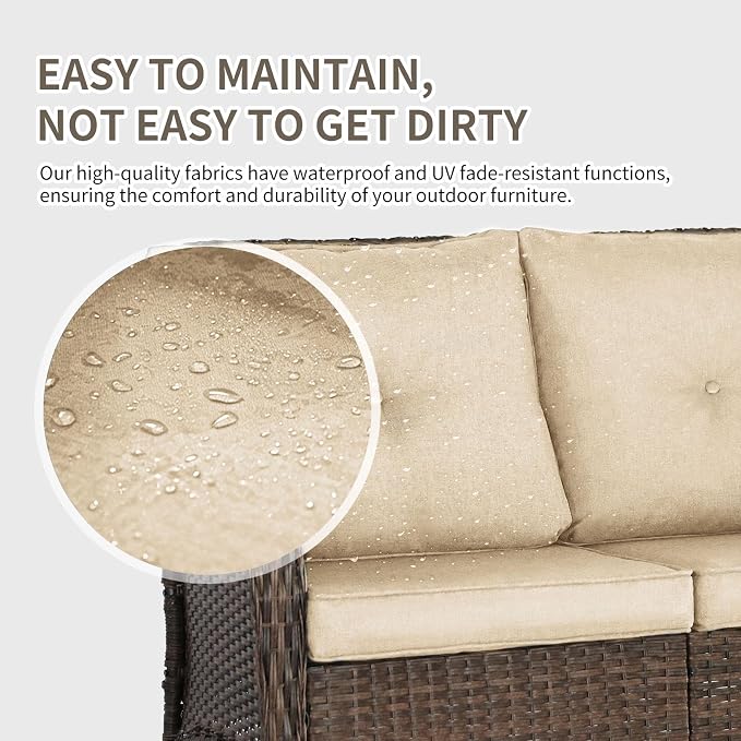 Outdoor Swivel Rocker Patio Chairs (Brown Wicker/Khaki Cushion, 6PC/Sofa & Chair &Coffee Table & Ottomans)