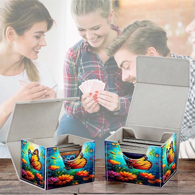 Card Deck Box for MTG, Cards Storage Box Fits 120+ Sleeved, Leather Small Size Strong Magnetic Closing Card Case for Board Games Magic TCG CCG Baseball Collection, Butterfly Blue Sky
