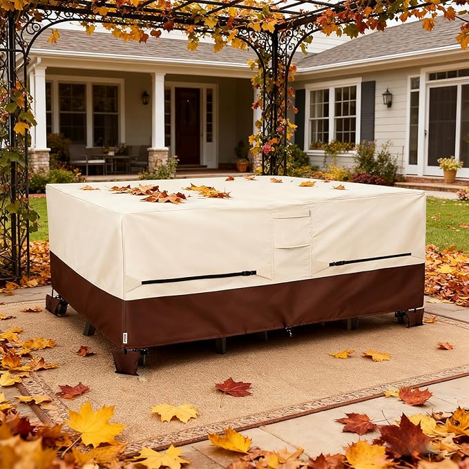 Patio Furniture Covers,Outdoor Furniture Cover Waterproof,600D Rectangular Patio Heavy Duty Table Cover,Outdoor Dining Table and Chair General Purpose Furniture Covers 110"L x 84"W x 28"H-Beige