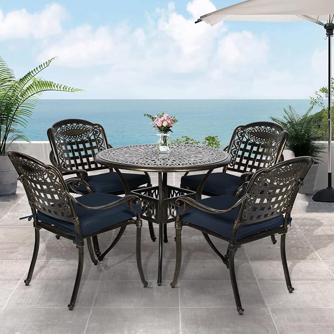 VIVIJASON 5-Piece Patio Furniture Dining Set, All-Weather Cast Aluminum Outdoor Conversation Set, Include 4 Cushioned Chairs and a 35.4" Round Table w/Umbrella Hole, Navy Blue Cushion