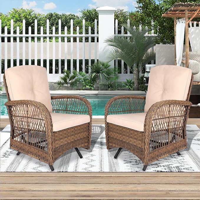 VIVIJASON 2-Piece Outdoor Wicker Glider Rocking Chair, Patio Rattan Swing Glider Chairs with Cushions & Steel Frame, All-Weather Gliding Lawn Wicker Furniture for Garden Backyard Porch
