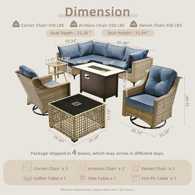 CAODOC 9-Piece Outdoor Sectional Sofa Set w/ 42" Fire Pit – L-Shaped Wicker Patio Furniture, Deep Seating & Swivel Rockers,Light Blue