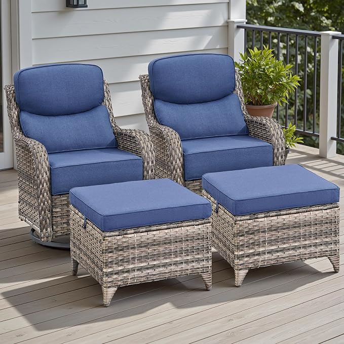 Rilyson Outdoor Patio Furniture Set - Weather Resistant Wicker,High Back,6 inch Cushions,4 Piece Patio Furniture Set with Swivel Rocker Chairs and Ottomans for Deck Porch Yard,Mixed Grey/Blue