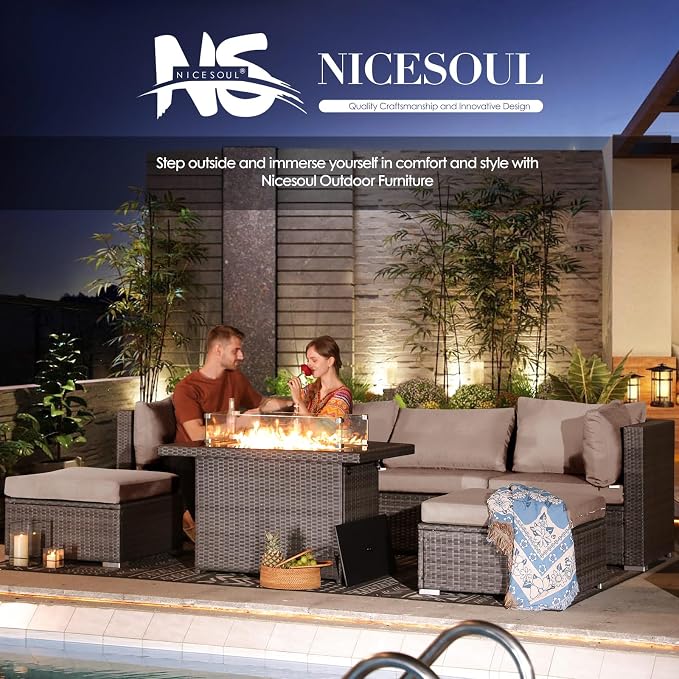 NICESOUL 15 Piece Outdoor Patio Furniture Set with Fire Pit, Extra Large Wide Outdoor Deep Seated Sectional, Cozy 29.3'' High-Back Modular Couch, 500 Lbs High Weight Capacity Wicker Sofa, Light Gray