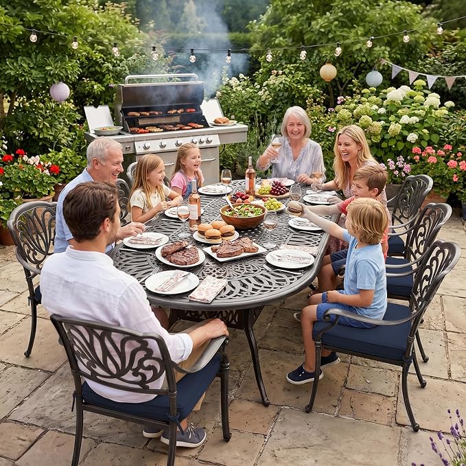 VIVIJASON 9-Piece Outdoor Furniture Dining Set, All-Weather Cast Aluminum Patio Conversation Set, Include 8 Cushioned Chairs and an Oval Table with Umbrella Hole for Lawn Backyard, Navy Blue Cushion