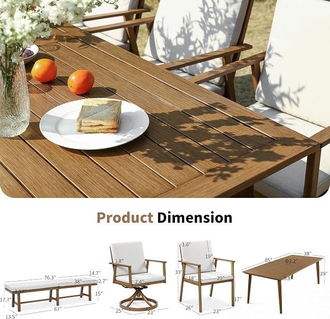 6-Piece Outdoor Table Set with Chairs & Bench, 8-Person Outdoor Rectangular Dining Table with Umbrella Hole, Faux Wood Grain Patio Table Set with Swivel Chair for Garden Backyard Proch, Teak