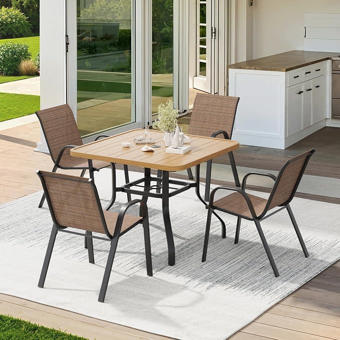 Soohow Outdoor Dining Set for 4, Outdoor Patio Dining Set 4 x Stackable Chairs & 1 x Wood-Like Outdoor Table with Umbrella Hole, All-Weather Patio Table and Chairs for Poolside, Backyard and Porch