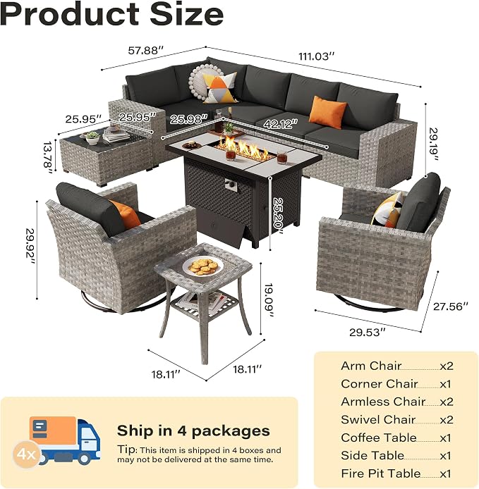 10 Pieces Outdoor Patio Sectional, Wicker Patio Furniture Set with 42 inch Fire Pit Table, All-Weather L Shaped Patio Conversation Set with Swivel Chairs, for Backyard Porch Yard,Black