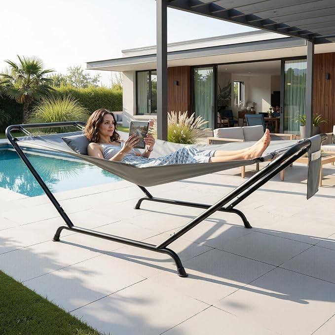 ONCLOUD Iron Hammock with Stand, Hammock Stand with Double-Layer Oxford Cloth Hammock, Portable Heavy-Duty Hammock for Outdoors, Garden, Patio, Yard, 550lbs (Gray)