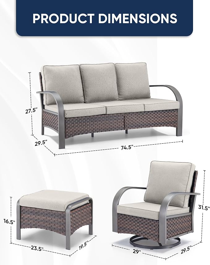 HUMMUH Outdoor Patio Furniture Sets-Wicker Patio Furniture Couch and Swivel Rocker Chairs Conversation Set for Deck Porch Garden Poolside Backyard-Brown/Beige