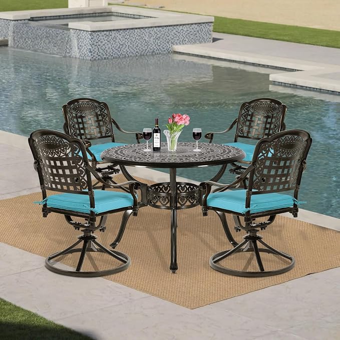 VIVIJASON 5-Piece Outdoor Patio Dining Set, All-Weather Cast Aluminum Conversation Set, Patio Furniture Set for Backyard, Include 4 Swivel Chairs, 38.5" Round Table w/Umbrella Hole, Ocean Blue Cushion
