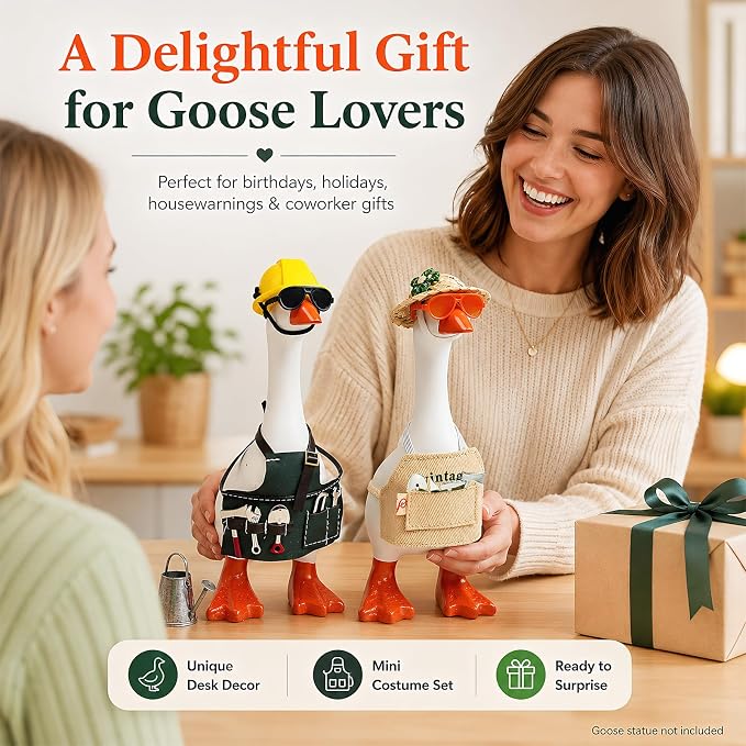2 Sets Career Desk Goose Outfits, Gardener&Handyman Costume Accessories for 7 Inch Mini Porch Goose Statue, Tools Watering Can Work Apron Set, Dress-Up Clothes for Small Geese Figurine Home Desk Décor