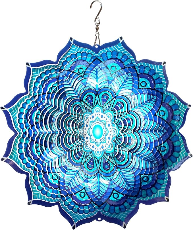 Goolyrusim Wind Spinner Mandala Rich Blue 12inch 3D Stainless Steel Wind Spinners Laser Cut Metal Hanging Wind Sculptures Kinetic Yard Art Decoration Garden Ornament Indoor/Outdoor Décor Worth Gift