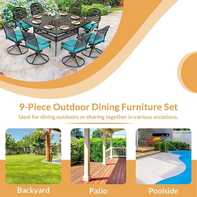 9 Piece Outdoor Patio Dining Set for 8, Cast Aluminium Large Square Dining Table & 8 Swivel Rocker Chairs with Removable Cushions, Umbrella Hole, Patio Furniture Set for Garden, Ocean Blue