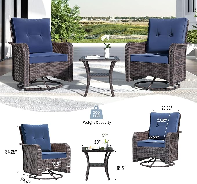 Kullavik 10PCS Outdoor Patio Furniture Set,PE Wicker Rattan Sectional Sofa Patio Conversation Sets with Tempered Glass Table,Swivel Rocking Chairs Set,Navy Blue