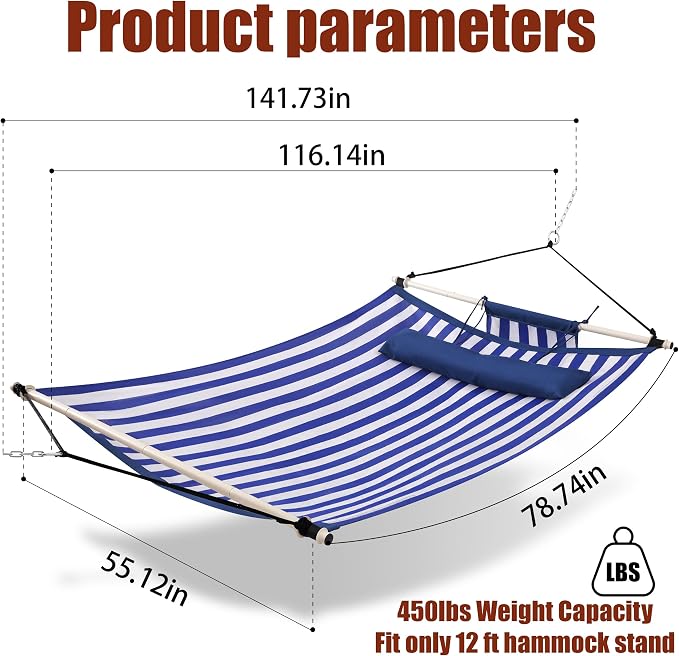 TegerDeger Anti-flip 12FT Hammock Large Hammock 450LB Capacity with Iron Spreader Bar & Nylon Rope for Outside, Patio, Garden, Backyard, Beach - Blue Strips