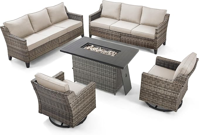5 Pieces Patio Furniture Set with 42.5" Fire Pit Table-All Weather Wicker Outdoor Furniture with High Back Wicker Patio Chairs Set of 2 Outdoor Couch for Deck Backyard Gray/Beige