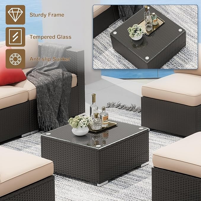 7 Piece Outdoor Sectional Sofa Patio Furniture Set Wicker with Cushions and Coffee Table, Outdoor Conversation Set for Backyard Garden Deck Lounge(Beige)