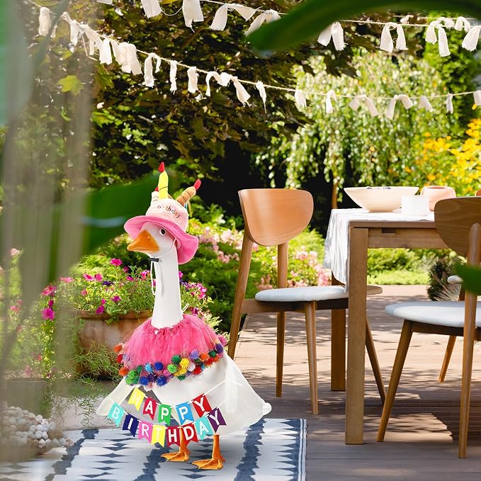 Abbylike 4 Pcs Happy Birthday Porch Goose Outfit for 23" Statues Poseable Porch Goose Wings Birthday Cake Hat for Lawn Patio Outdoor Geese Statue Decoration Accessories(Pink,Gauze Skirt Style)