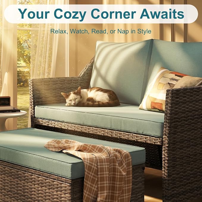 OC Orange-Casual 2-Piece Outdoor Patio Furniture Wicker Love-seat and Coffee Table Set, with Built-in Storage Bin, Grey Rattan, Green Cushions