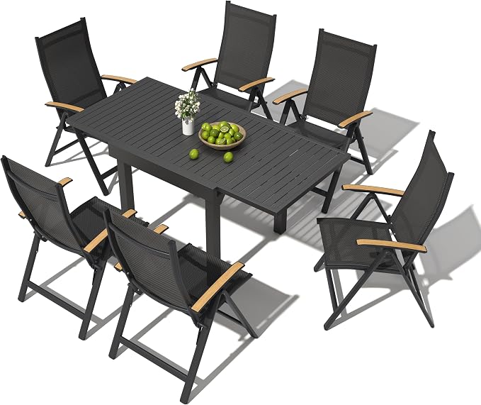 Pellebant 7 Pieces Aluminum Outdoor Dining Set for 6, Expandable Outdoor Dining Table and 6 Foldable Adjustable Backrest Chairs, Weather Resistant Outdoor Furniture Set for Deck, Porch & Backyard
