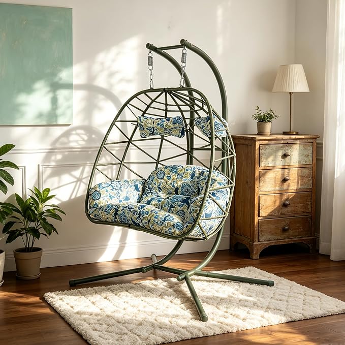 2 Person Double Hanging Egg Chair, Oversized Wicker Rattan Loveseat Swing Chair, Heavy Duty 600lbs Capacity, Foldable Basket Hammock Chair with Thick Cushion for Indoor Outdoor Patio Bedroom
