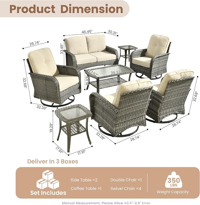 HOOOWOOO Patio Furniture Set,8 Pieces Outdoor Conversation Set,All Weather Wicker Loveseat Sofa Set with High Back Swivel Rocking Chairs Tables,Beige
