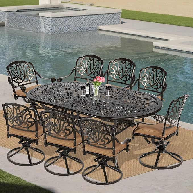 VIVIJASON 9-Piece Patio Furniture Dining Set, All-Weather Cast Aluminum Outdoor Conversation Set, Include 8 Swivel Dining Chairs and an Oval Table with Umbrella Hole for Lawn Garden Backyard