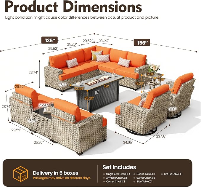 HOOOWOOO Sectional Patio Furniture Set with Fire Pit Table,12 Pieces Wicker Outdoor Furniture L Shaped Couch,Outside Conversation Set Extra Deep Sofa Wide Arm Swivel Chairs Solar Light,Brick Red