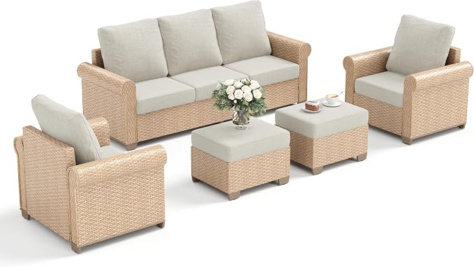 SUNSHINE VALLEY Patio Furniture Set 5 pcs, Wicker Rattan Sofa with 5.5" Thick Waterproof Cushions, 2 Chairs and Ottomans, All Weather Outdoor Conversation Set for Backyard Deck, 7 Seats Beige