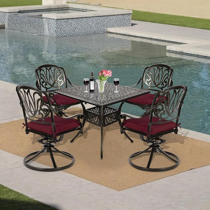 VIVIJASON 5-Piece Outdoor Patio Dining Set, All-Weather Cast Aluminum Conversation Set, Patio Furniture Set, Include 4 Swivel Dining Chairs, a 35.4" Square Table w/Umbrella Hole, Red Cushion