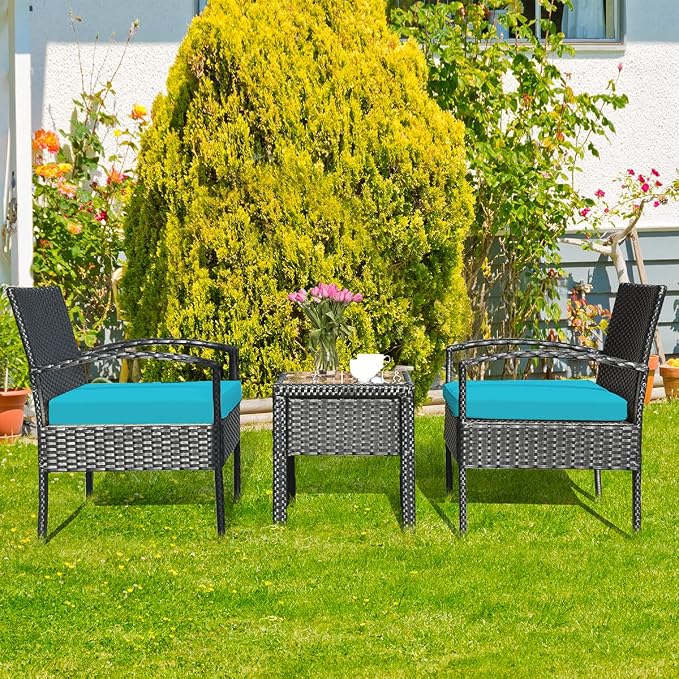 Hysache 3 Piece Patio Furniture Set, PE Rattan Conversation Set w/Washable & Removable Cushion, Coffee Table w/Storage Space, Wicker Sofa Set for Garden Poolside Balcony (Turquoise)